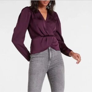 Express Satin‎ Puff Shoulder Draped Faux Wrap Peplum Top